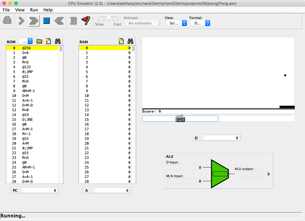 The main window of the CPU Emulator program included in the NAND to Tetris software suite. Shows a program disassembly, the contents of RAM, and the Hack screen paused while playing a Pong-style game.